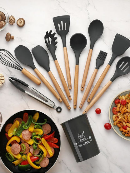 Cuisinez avec Style et Sérénité : Le Set Complet de 12 Ustensiles Anti-Rayures avec son Pot de Rangement.
