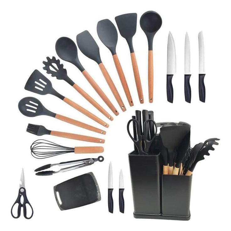 Équipez Votre Cuisine avec Style : Le Set Tout-en-Un de 24 Pièces en Silicone, Bois et Acier.