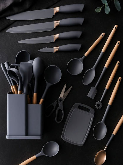Équipez Votre Cuisine avec Style : Le Set Tout-en-Un de 24 Pièces en Silicone, Bois et Acier.