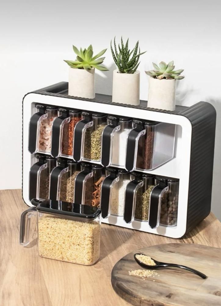 Set Complet de 12 Bocaux à Épices Muraux | Support Adhésif, Cuillères & Étiquettes Inclus.