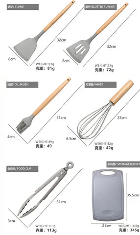Équipez Votre Cuisine avec Style : Le Set Tout-en-Un de 24 Pièces en Silicone, Bois et Acier.