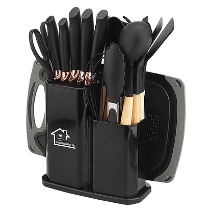 Équipez Votre Cuisine avec Style : Le Set Tout-en-Un de 24 Pièces en Silicone, Bois et Acier.