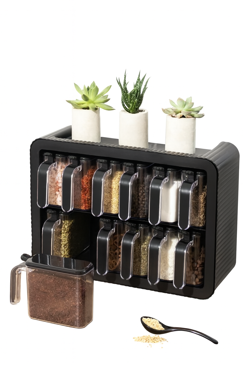 Set Complet de 12 Bocaux à Épices Muraux | Support Adhésif, Cuillères & Étiquettes Inclus.