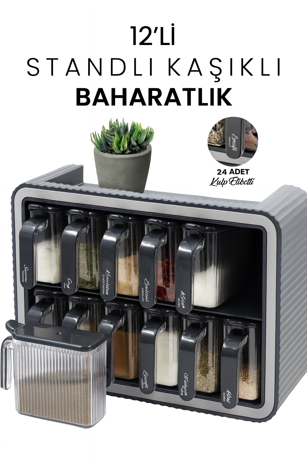 Set Complet de 12 Bocaux à Épices Muraux | Support Adhésif, Cuillères & Étiquettes Inclus.