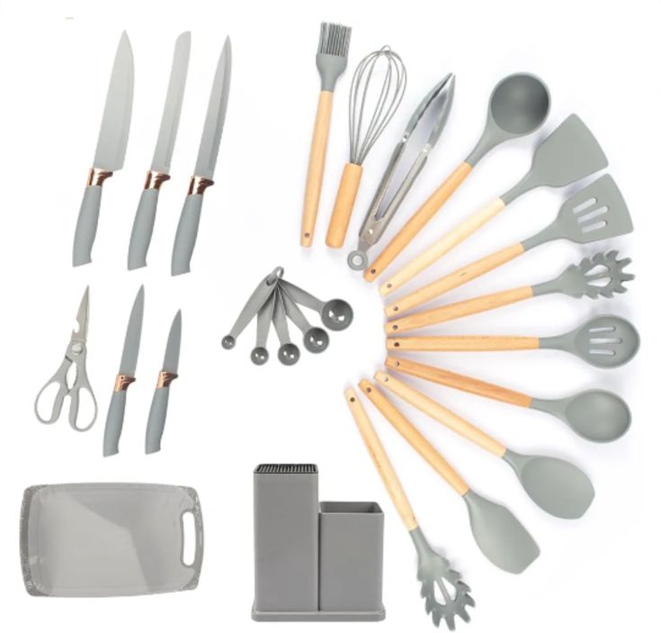 Équipez Votre Cuisine avec Style : Le Set Tout-en-Un de 24 Pièces en Silicone, Bois et Acier.