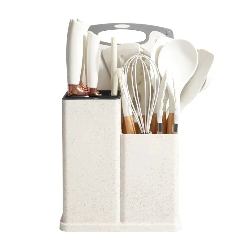 Équipez Votre Cuisine avec Style : Le Set Tout-en-Un de 24 Pièces en Silicone, Bois et Acier.